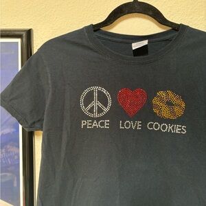 Peace, Love, Cookies bedazzled black t-shirt